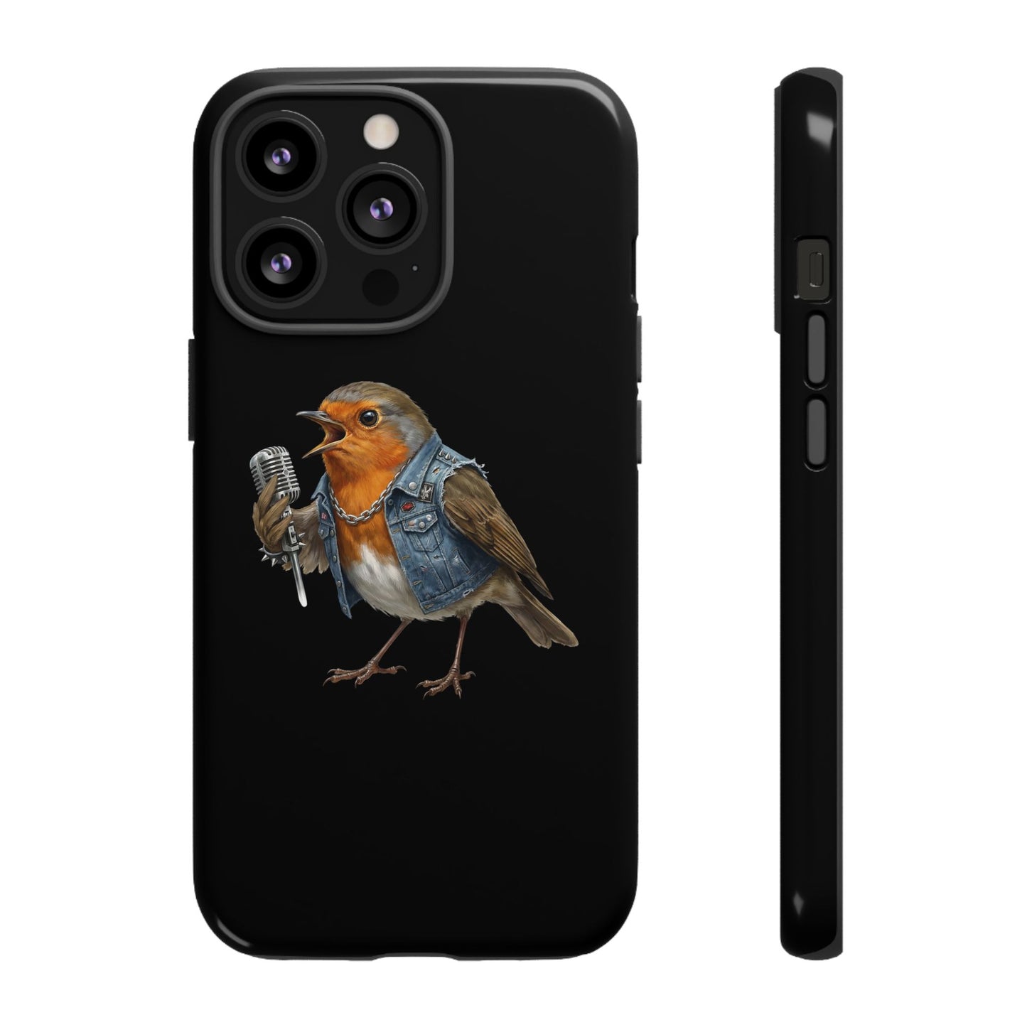 Rotkehlchen mit Mikrofon Premium Handyhülle – Doppelt Geschützt & Rundum Bedruckt Schwarz