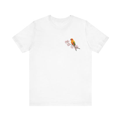 Sun Conure Cherry Blossom T-Shirt | Floral Spring Tee for Bird Lovers