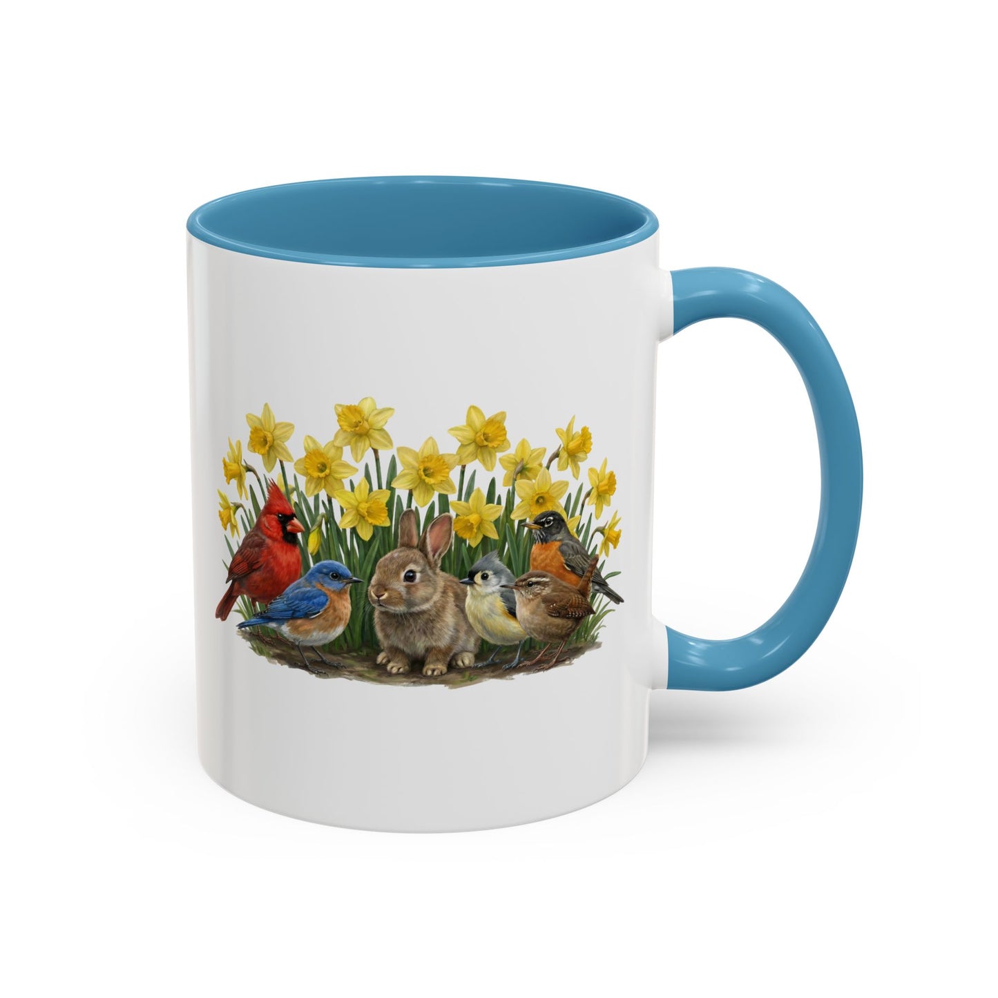 Spring Garden Coffee Mug – Cardinal, Bluebird & Bunny in Daffodils | Two-Tone Ceramic Cup (11oz & 15oz)