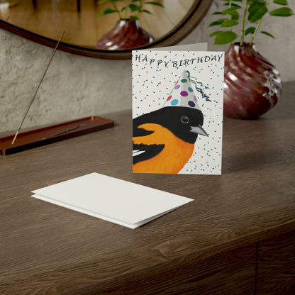 Baltimore Oriole with Party Hat Birthday Card – Premium Matte Bird Greeting Card