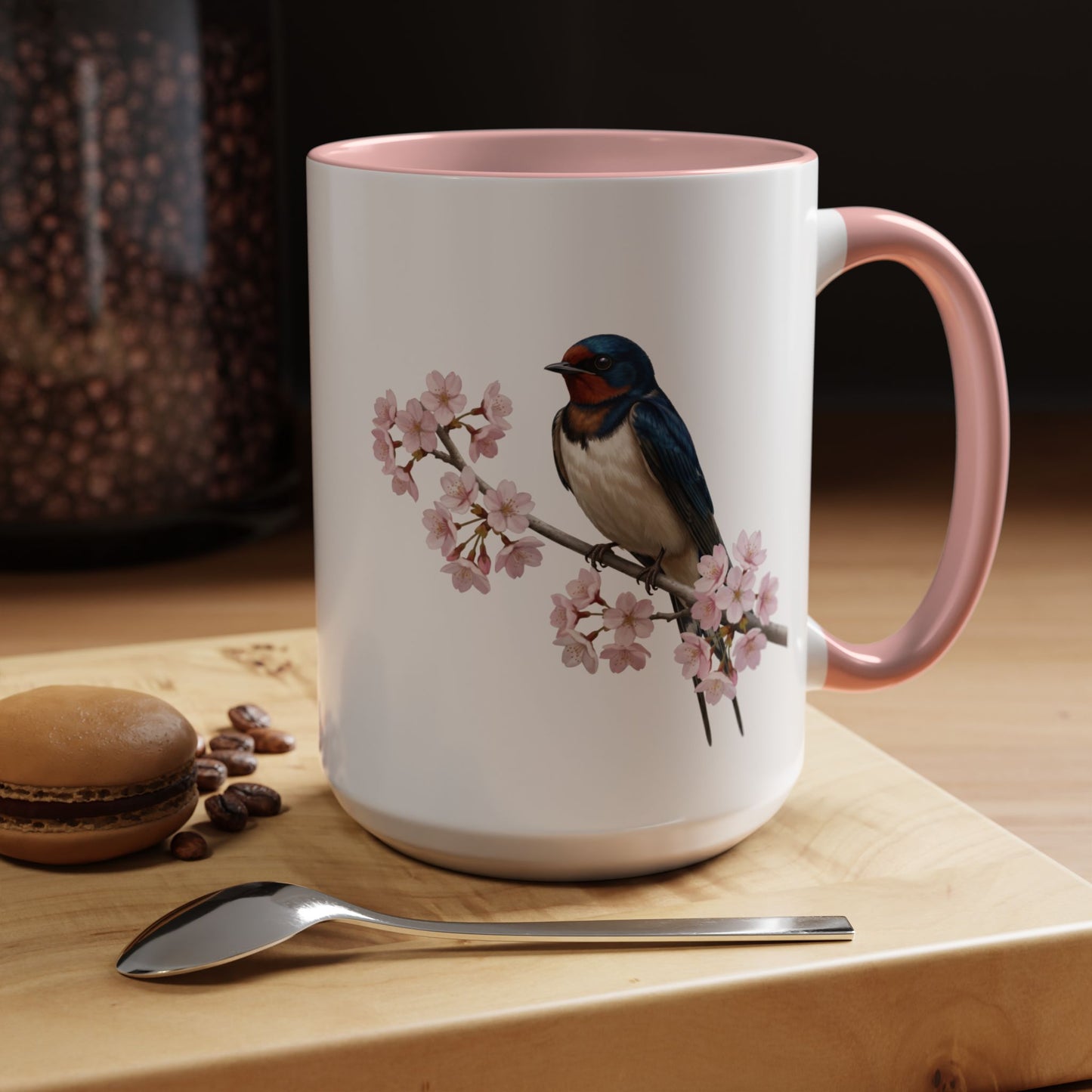Barn Swallow Cherry Blossom Mug | Pink Ceramic Coffee Cup for Bird Lovers