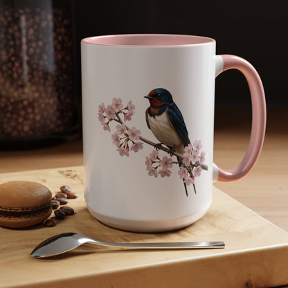 Barn Swallow Cherry Blossom Mug | Pink Ceramic Coffee Cup for Bird Lovers