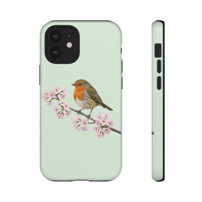Rotkehlchen Handyhülle in Salbeigrün | Florales Kirschblüten Vogel-Motiv für iPhone & Google Pixel