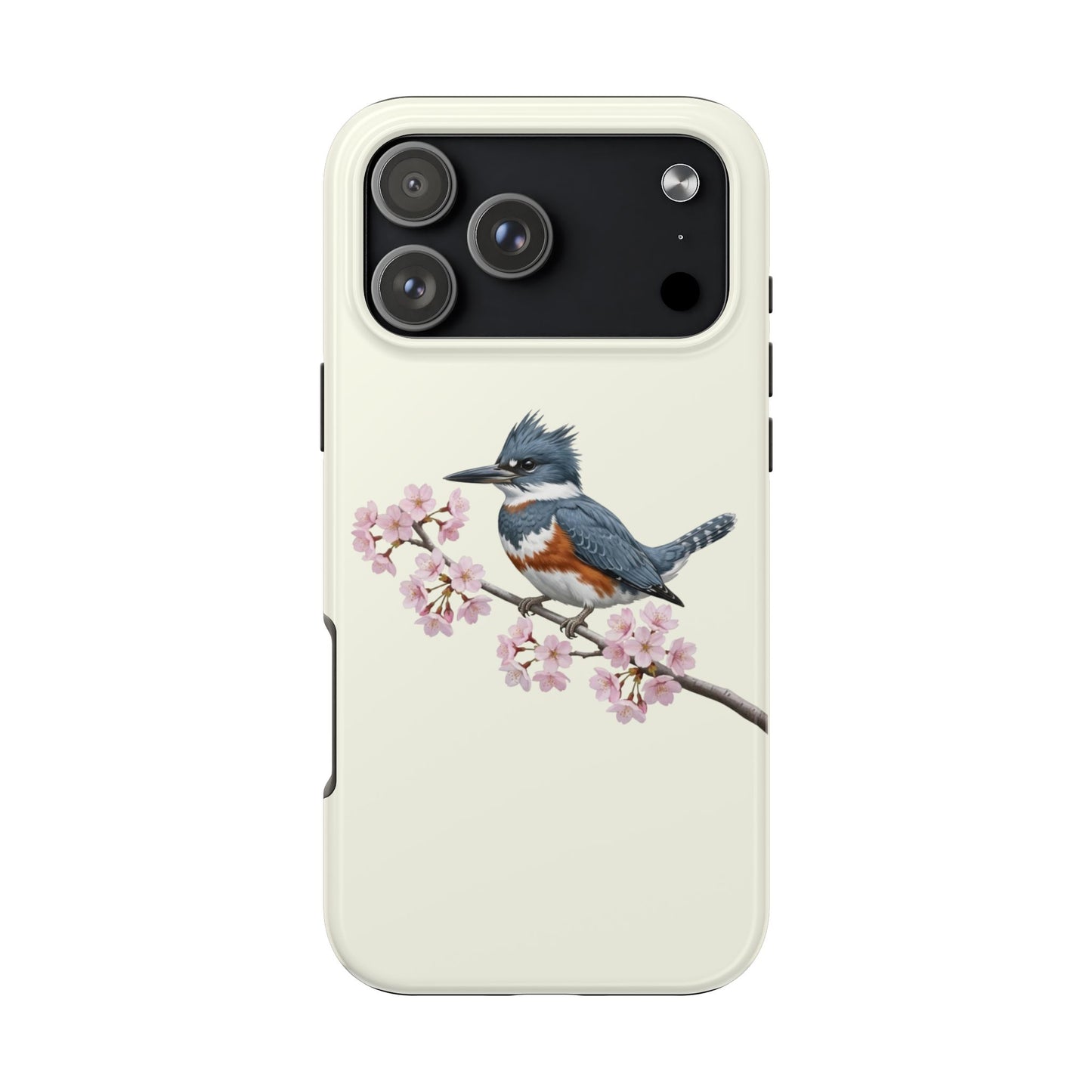 Belted Kingfisher & Cherry Blossom Tough iPhone Case Creamy White