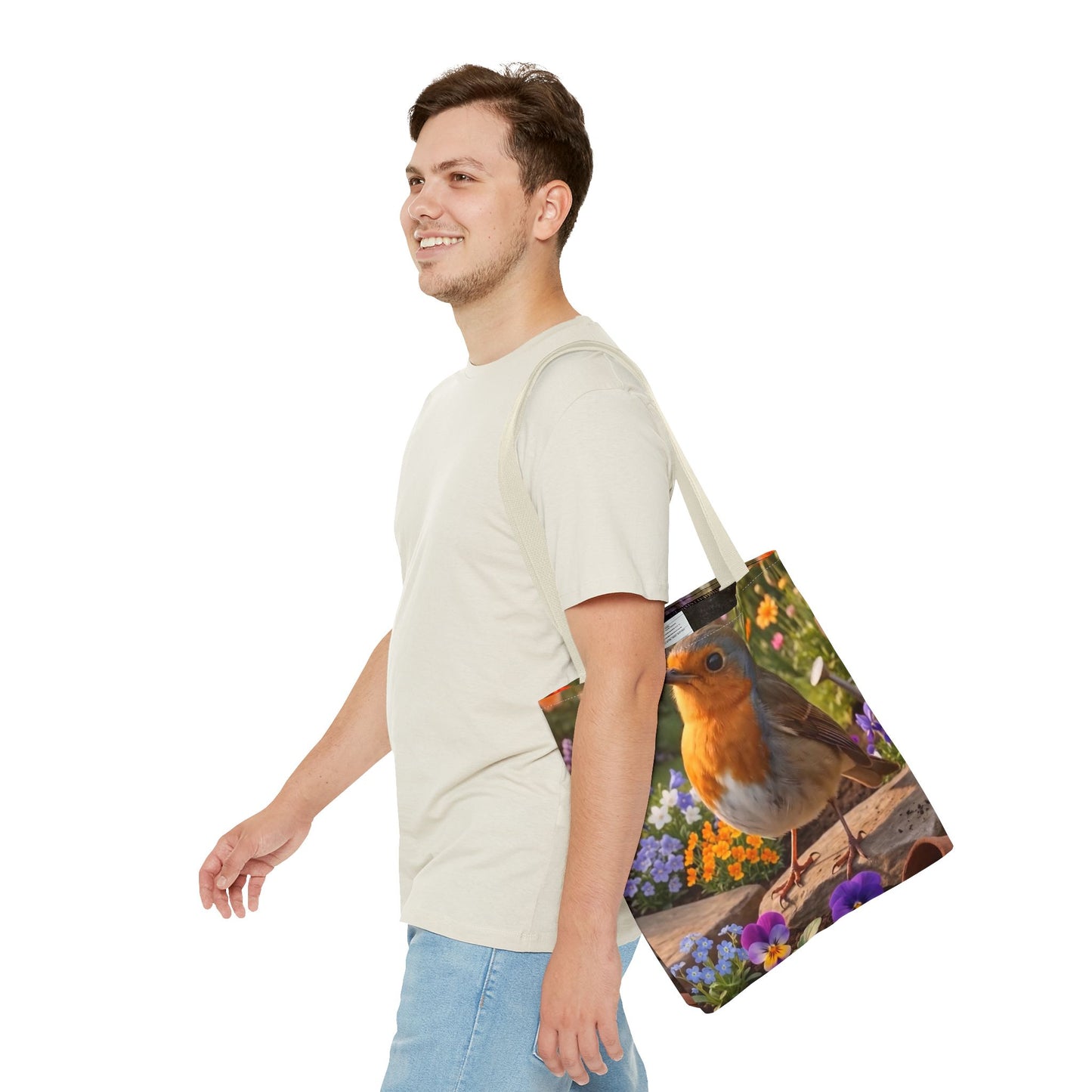 Robin Rosi Flower Bed Tote Bag - Cute Backyard Bird Watcher Gift