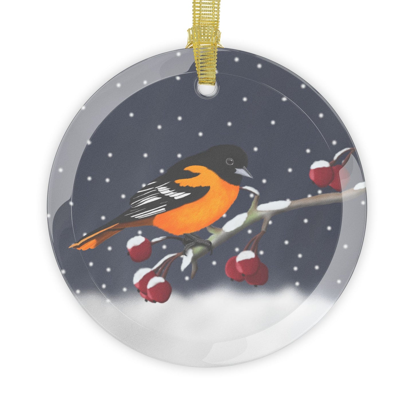 Baltimore Oriole on a Winter Branch Christmas Bird Glass Ornament