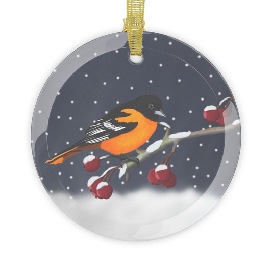 Baltimore Oriole on a Winter Branch Christmas Bird Glass Ornament