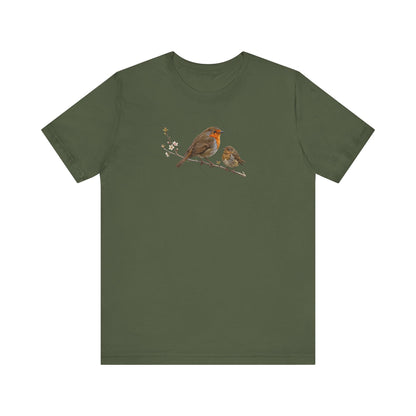 Rotkehlchen & Jungvogel T-Shirt | Frühlingsblüten Vogelmotiv für Vogelbeobachter