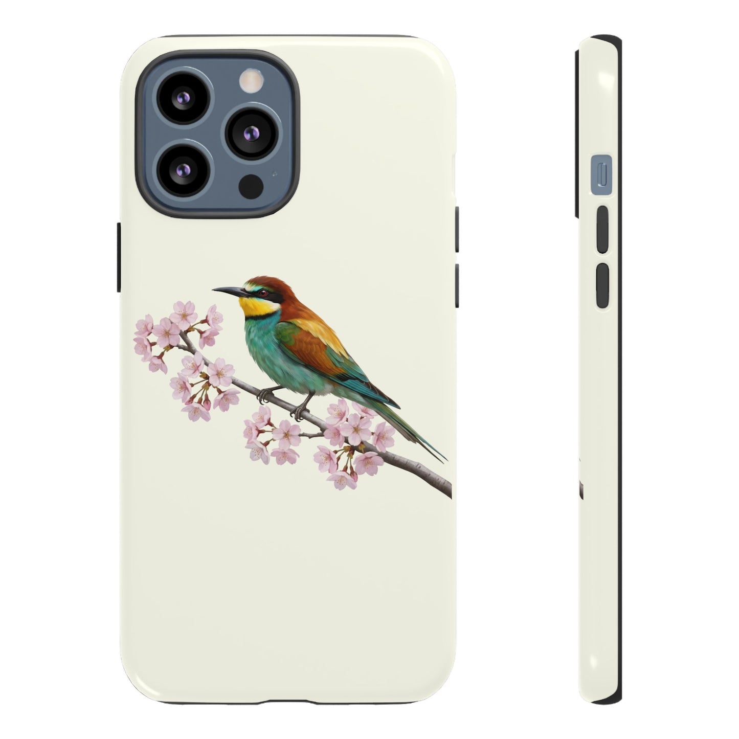 Bienenfresser Handyhülle in Cremeweiß | Florales Kirschblüten Vogel-Motiv für iPhone & Google Pixel