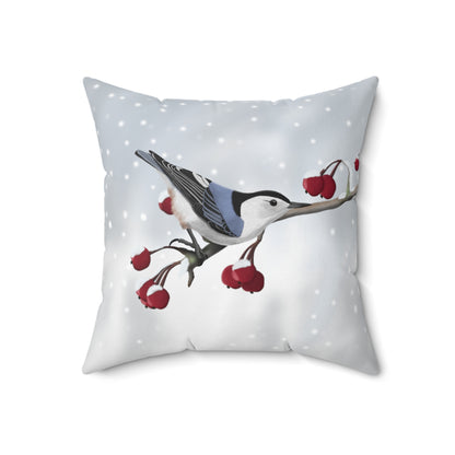 Nuthatch on a Winter Branch Bird Throw Pillow 16"x16" - jz.birds