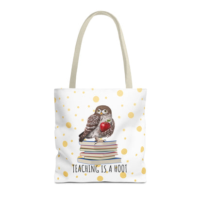 Cute Owl & Books Teacher Tote Bag – Teaching is a Hoot – Gold Polka Dot Aesthetic