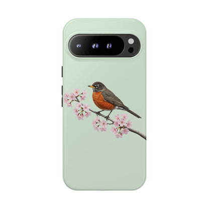 Wanderdrossel Handyhülle in Salbeigrün | Florales Kirschblüten Vogel-Motiv für iPhone & Google Pixel