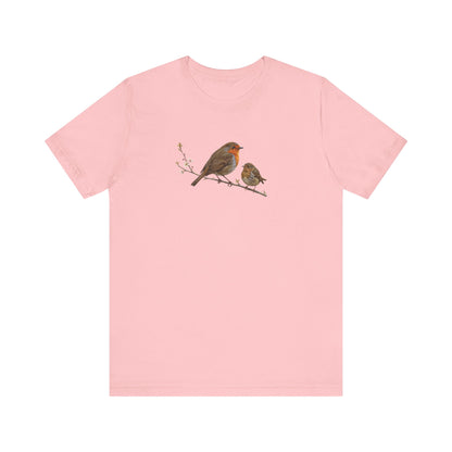 European Robin & Fledgling T-Shirt | Spring Blossoms Unisex Graphic Tee