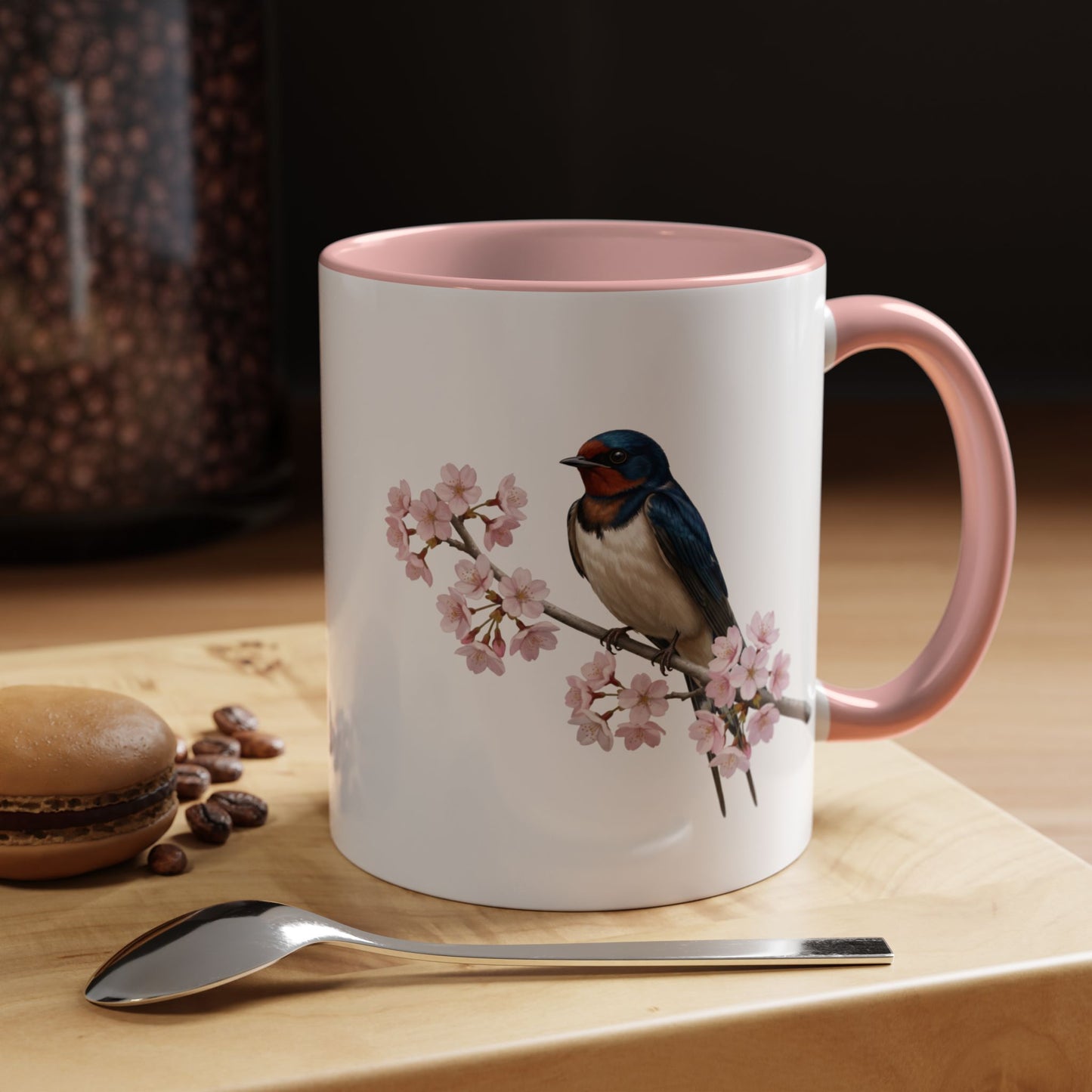 Rauchschwalbe Tasse mit Kirschblüten | Rosa Keramiktasse für Vogelfreunde – Accent Coffee Mug,