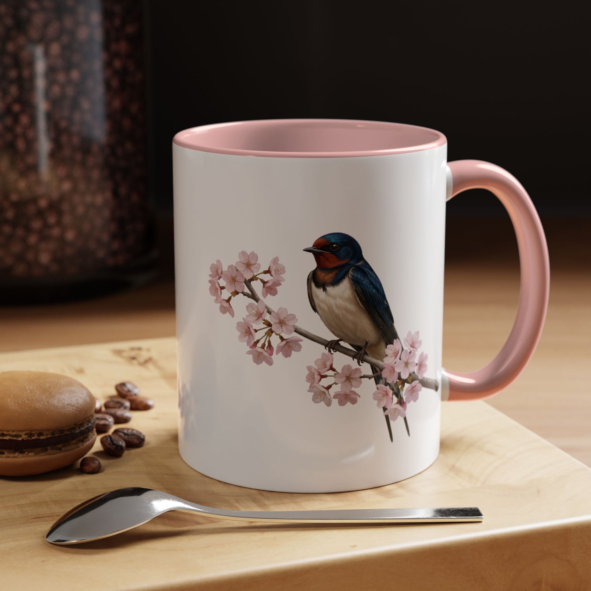 Rauchschwalbe Tasse mit Kirschblüten | Rosa Keramiktasse für Vogelfreunde – Accent Coffee Mug,