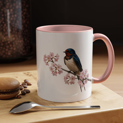 Rauchschwalbe Tasse mit Kirschblüten | Rosa Keramiktasse für Vogelfreunde – Accent Coffee Mug,