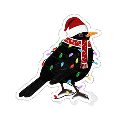 Blackbird with Fairy Lights Santa Claus Hat and Scarf Christmas Bird Sticker