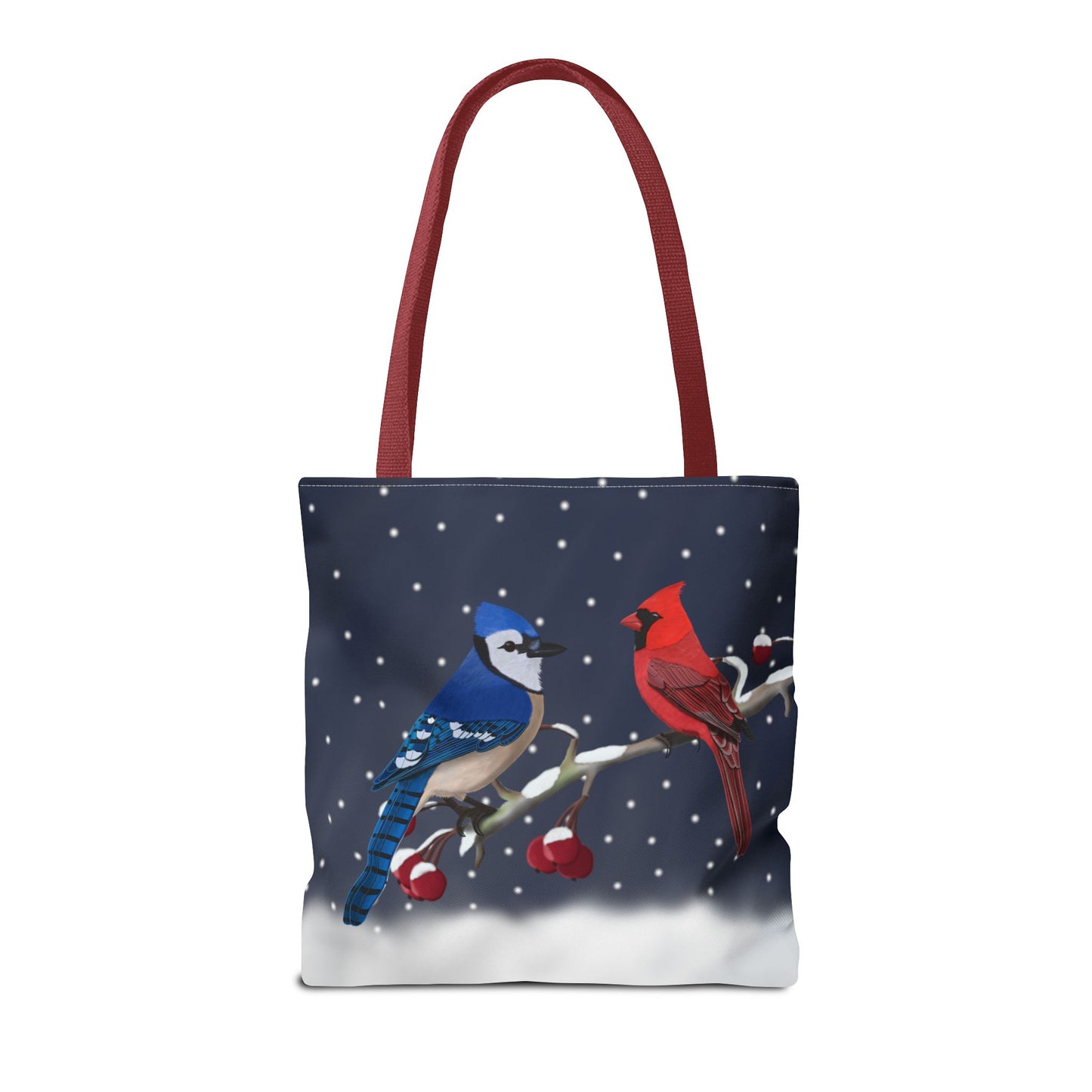 Blue jay and Cardinal on a Winter Branch Christmas Bird Tote Bag 16"x16"