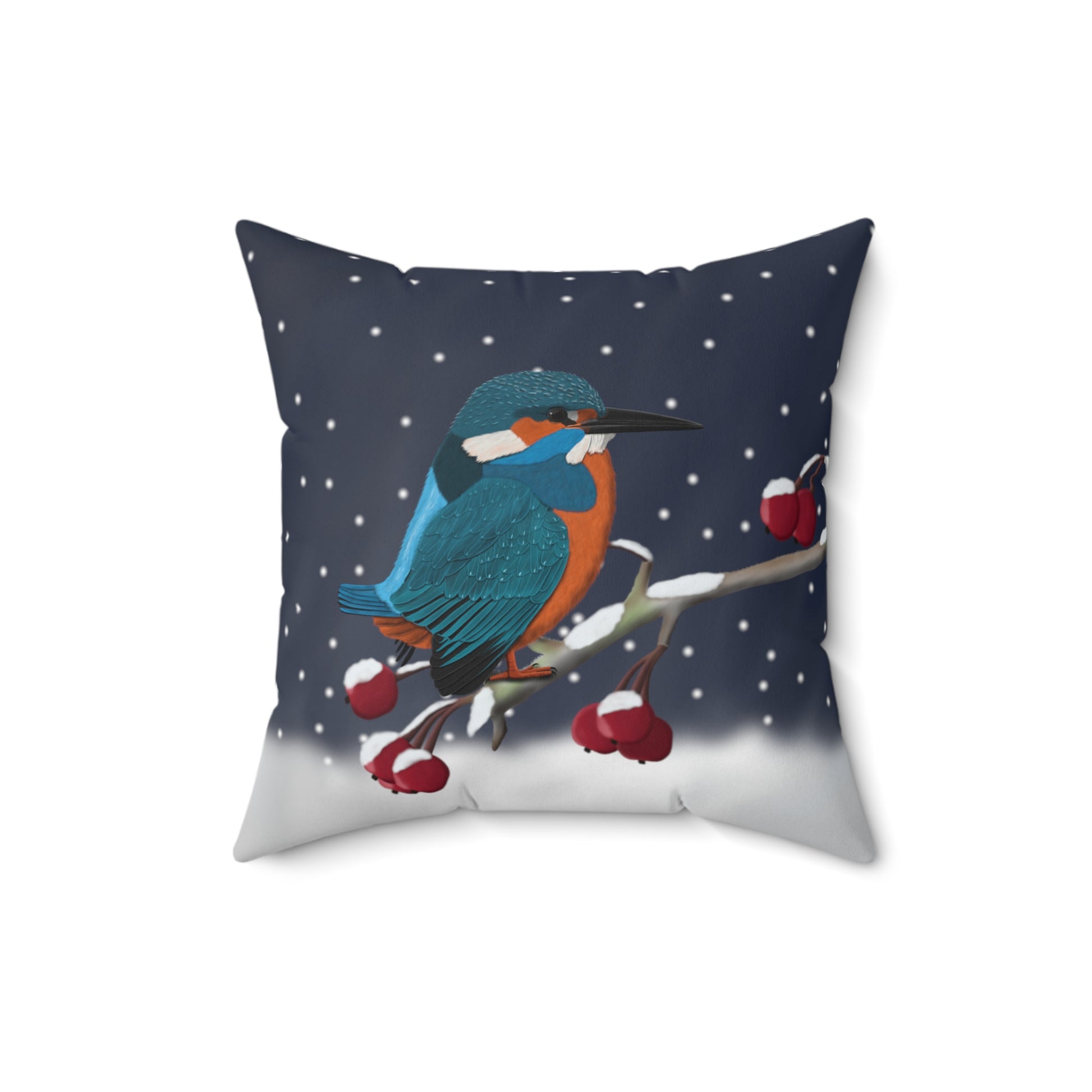 Kingfisher on a Winter Branch Christmas Bird Pillow