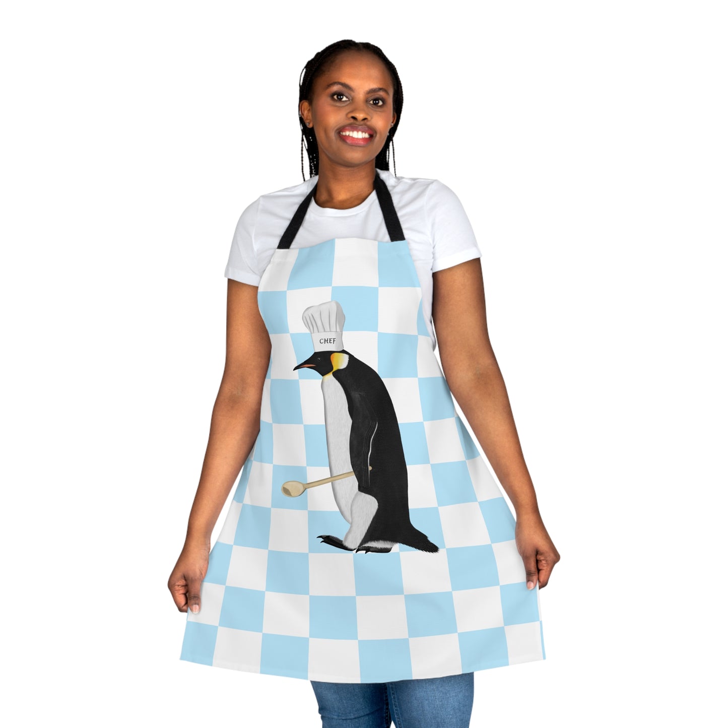 Penguin Kitchen Chef Bird Art Apron Blue and White Checkered