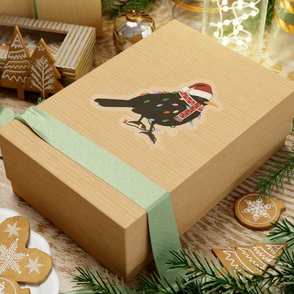 Blackbird with Fairy Lights Santa Claus Hat and Scarf Christmas Bird Sticker