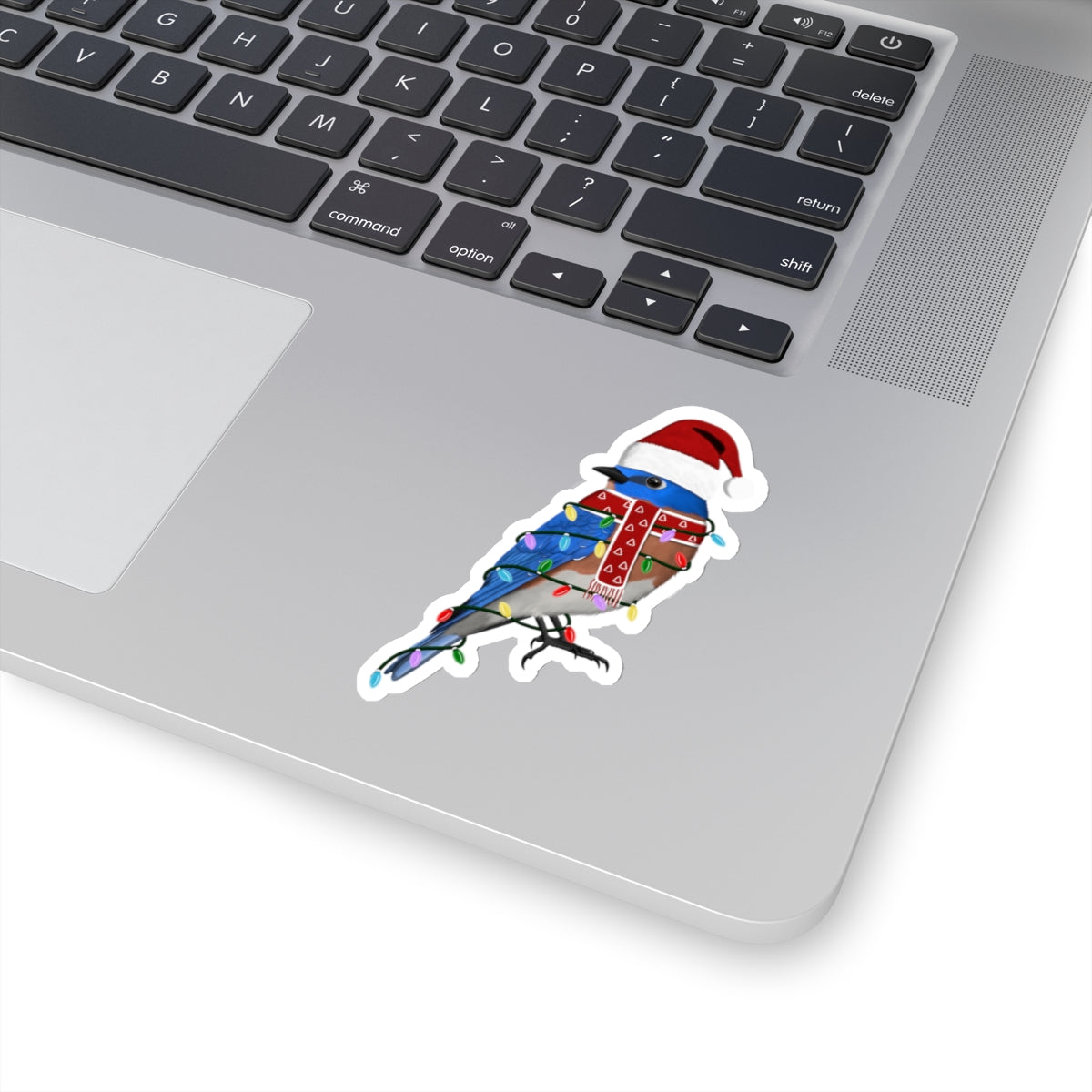 Bluebird with Fairy Lights Santa Claus Hat and Scarf Christmas Bird Sticker