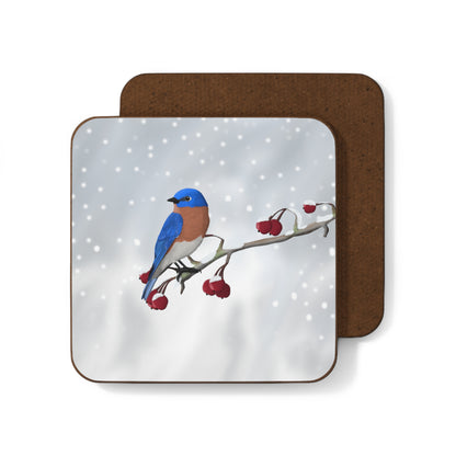 Bluebird on a Winter Branch Christmas Bird Hardboard Coaster