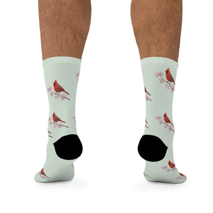 Northern Cardinal & Cherry Blossom Socks Sage Green | Birdwatching Apparel – Accessories,