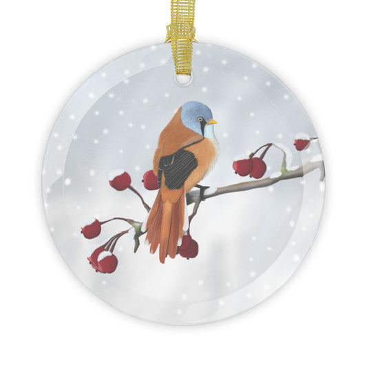 Bearded Reedling Snow Bird Christmas Glass Ornament