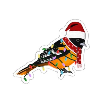 Baltimore Oriole with Fairy Lights Santa Claus Hat and Scarf Christmas Bird Sticker