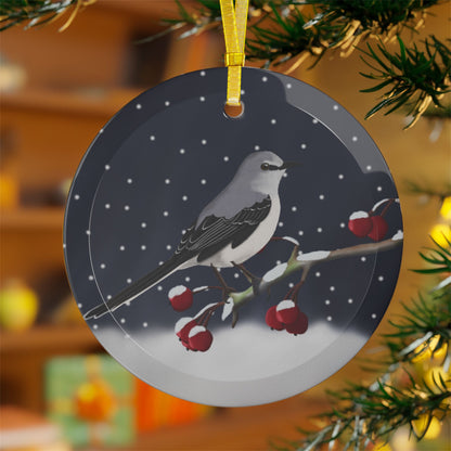 Mockingbird on a Winter Branch Christmas Bird Glass Ornament