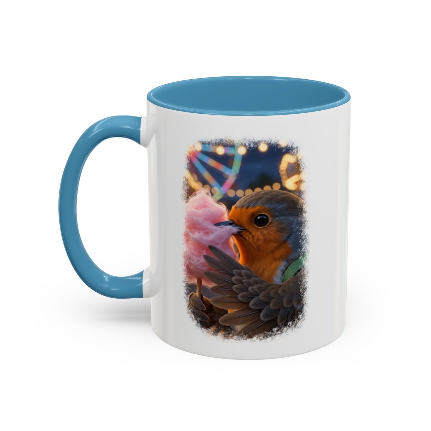 Rosi Rotkehlchen mit Zuckerwatte Keramiktasse – Kaffeebecher mit farbigem Henkel