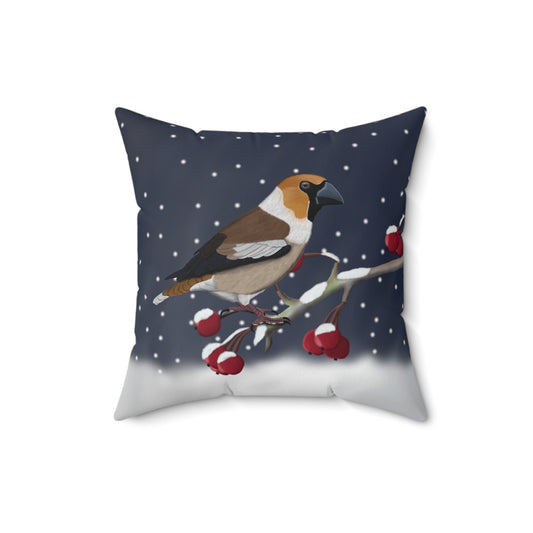 Hawfinch on a Winter Branch Christmas Bird Pillow