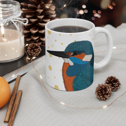 Kingfisher Bird Ceramic Mug White Golden Dots 11oz