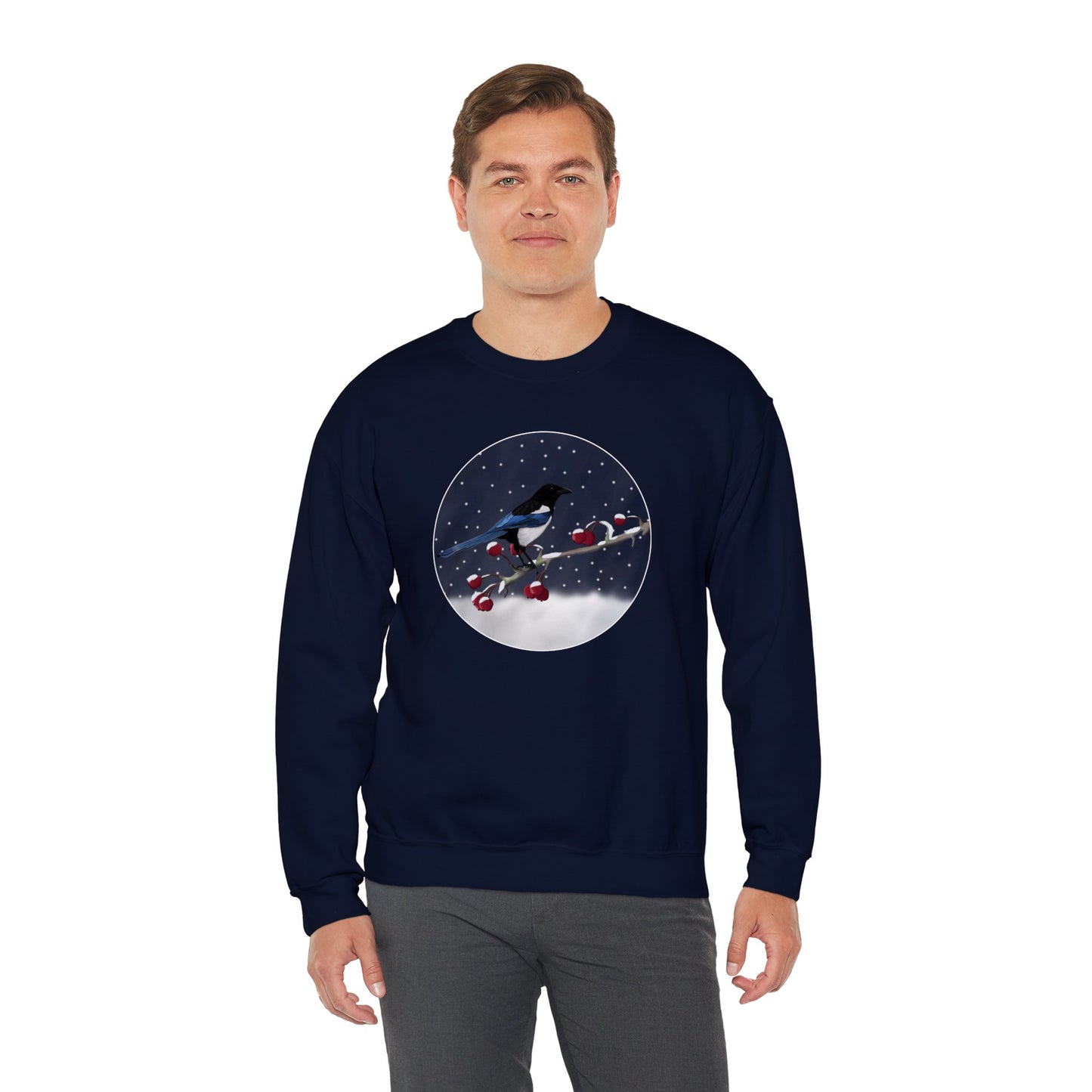 Magpie on a Winter Branch Christmas Bird Sweatshirt