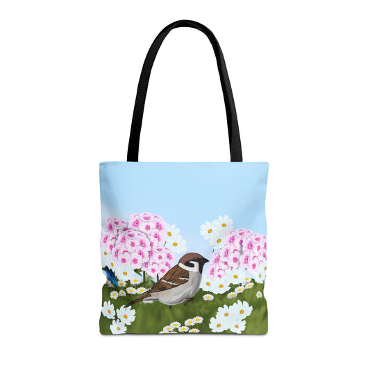 Tree Sparrow in Summer Flowers Bird Tote Bag 16"x16"