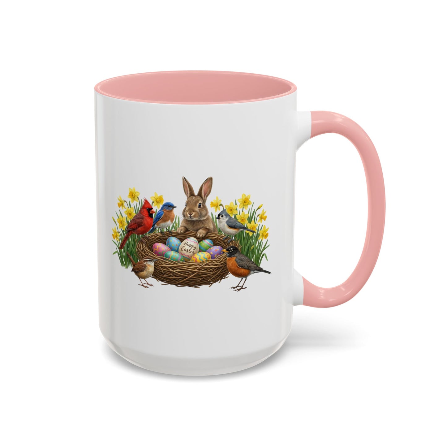 Spring Birds Garden Coffee Mug – Cardinal, Bluebird, Wren & Bunny in Daffodils | Two-Tone Ceramic Cup (11oz & 15oz)