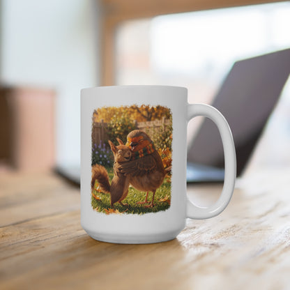 Rotkehlchen & Eichhörnchen Tasse „Rosi“ – Süßer Kaffeebecher mit Umarmung im Garten