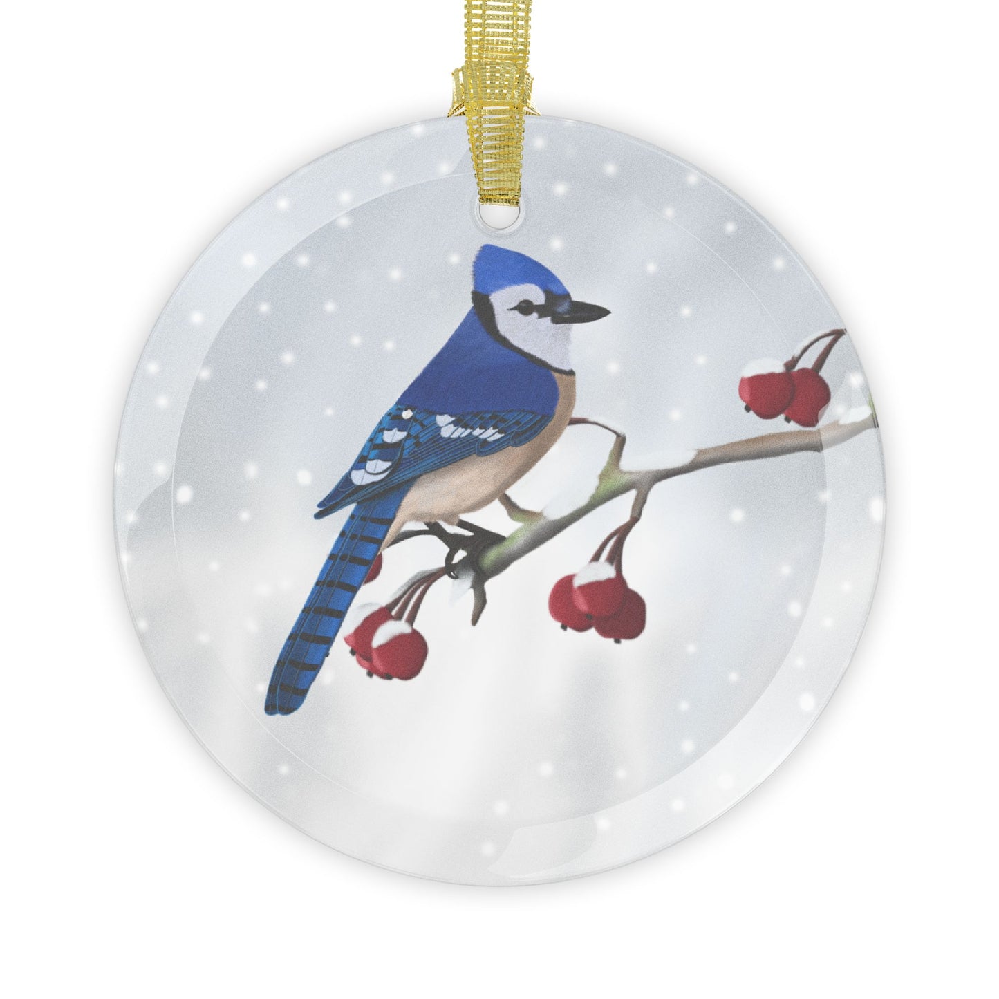 Blue Jay Snow Bird Christmas Glass Ornament