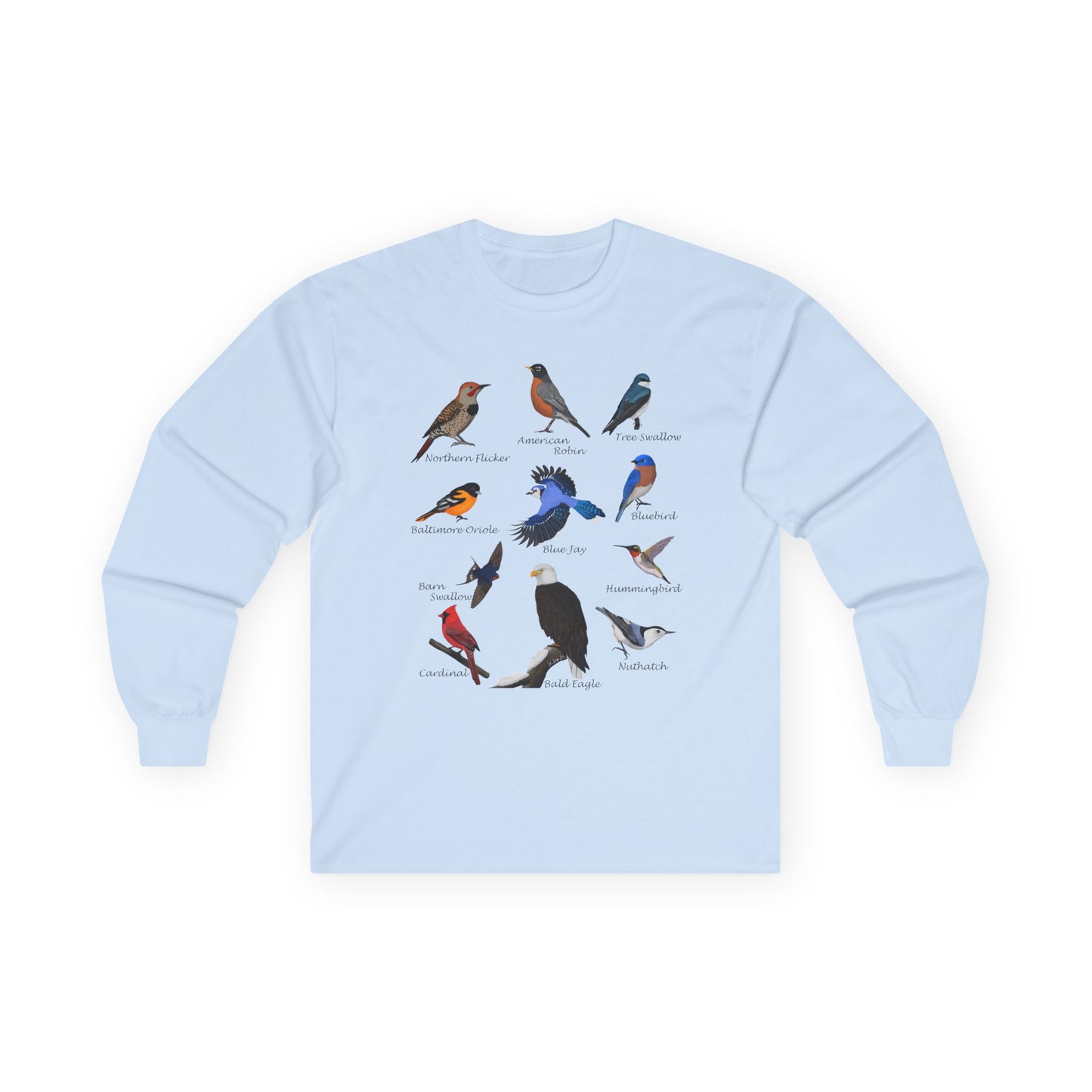 Bald Eagle Blue Jay Cardinal Robin on a Branch Birdwatching Cotton Long Sleeve T-Shirt