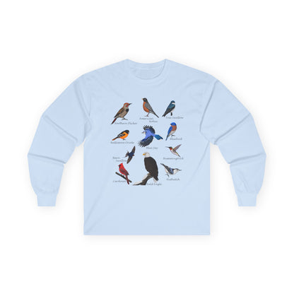 Bald Eagle Blue Jay Cardinal Robin on a Branch Birdwatching Cotton Long Sleeve T-Shirt