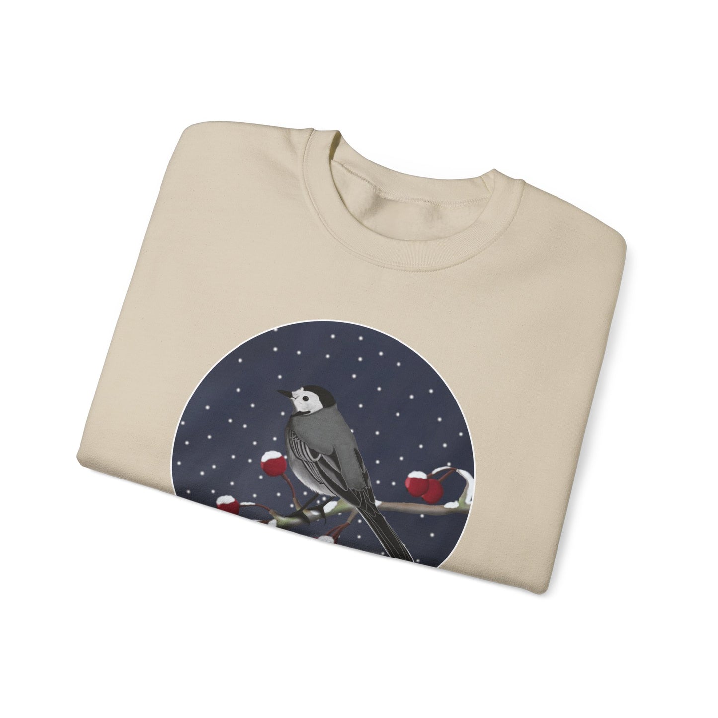 White Wagtail on a Winter Branch Birdwatcher Christmas Bird Sweatshirt