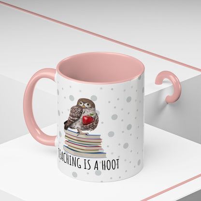 Cute Owl on Books Teacher Mug – Teaching is a Hoot – Two-Tone Classroom Coffee Cup