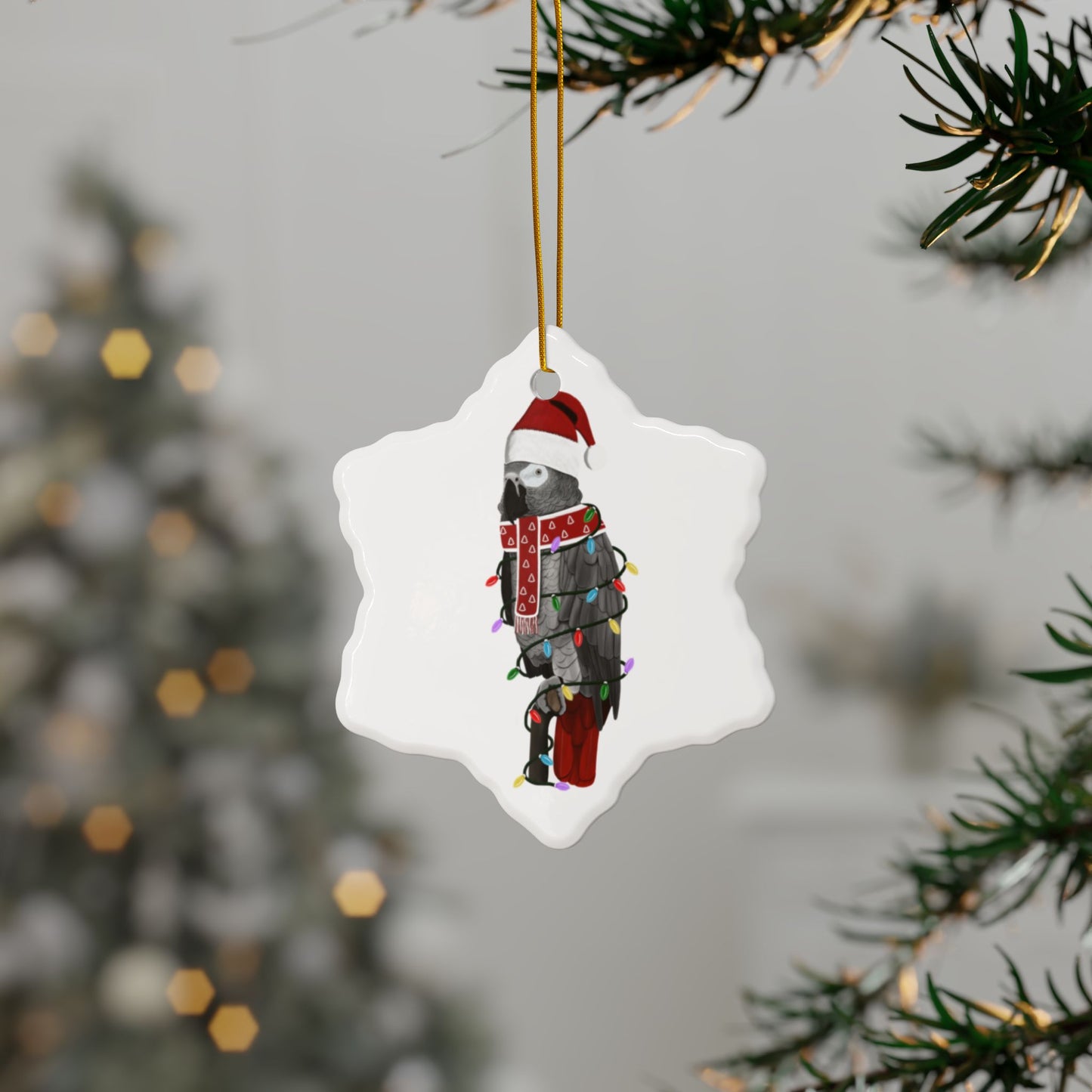Grey Parrot as Santa Ceramic Bird Christmas Ornament | Durable Double-Sided Bird Lover Decor