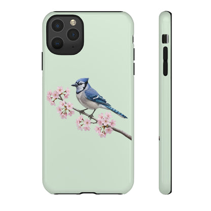 Blauhäher Handyhülle in Salbeigrün | Florales Kirschblüten Vogel-Motiv für iPhone & Google Pixel – animal lover,