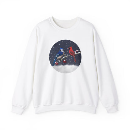 Blue Jay and Cardinal on a Winter Branch Christmas Bird Sweatshirt