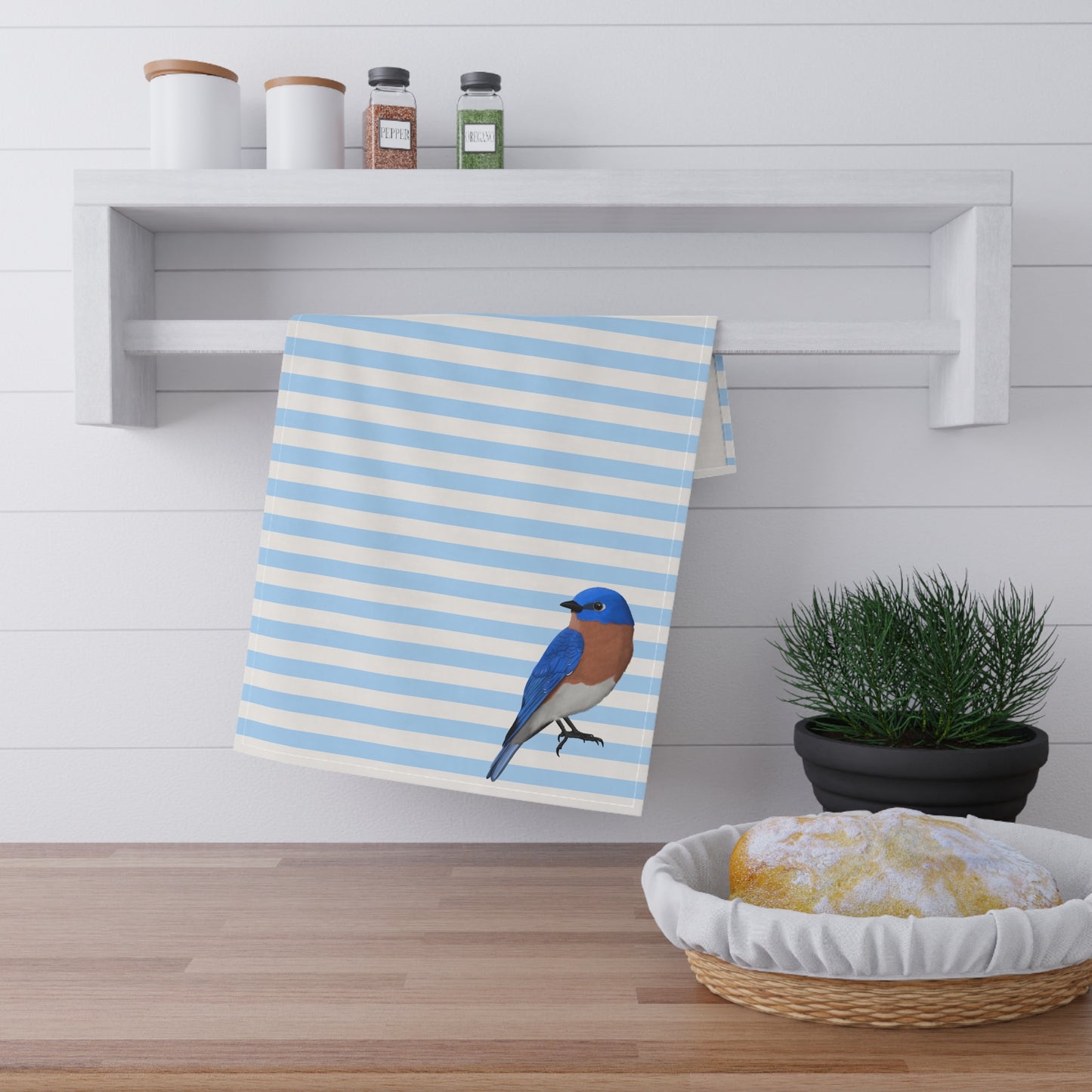 Bluebird Bird Art Kitchen Towel Blue White 18" × 30"