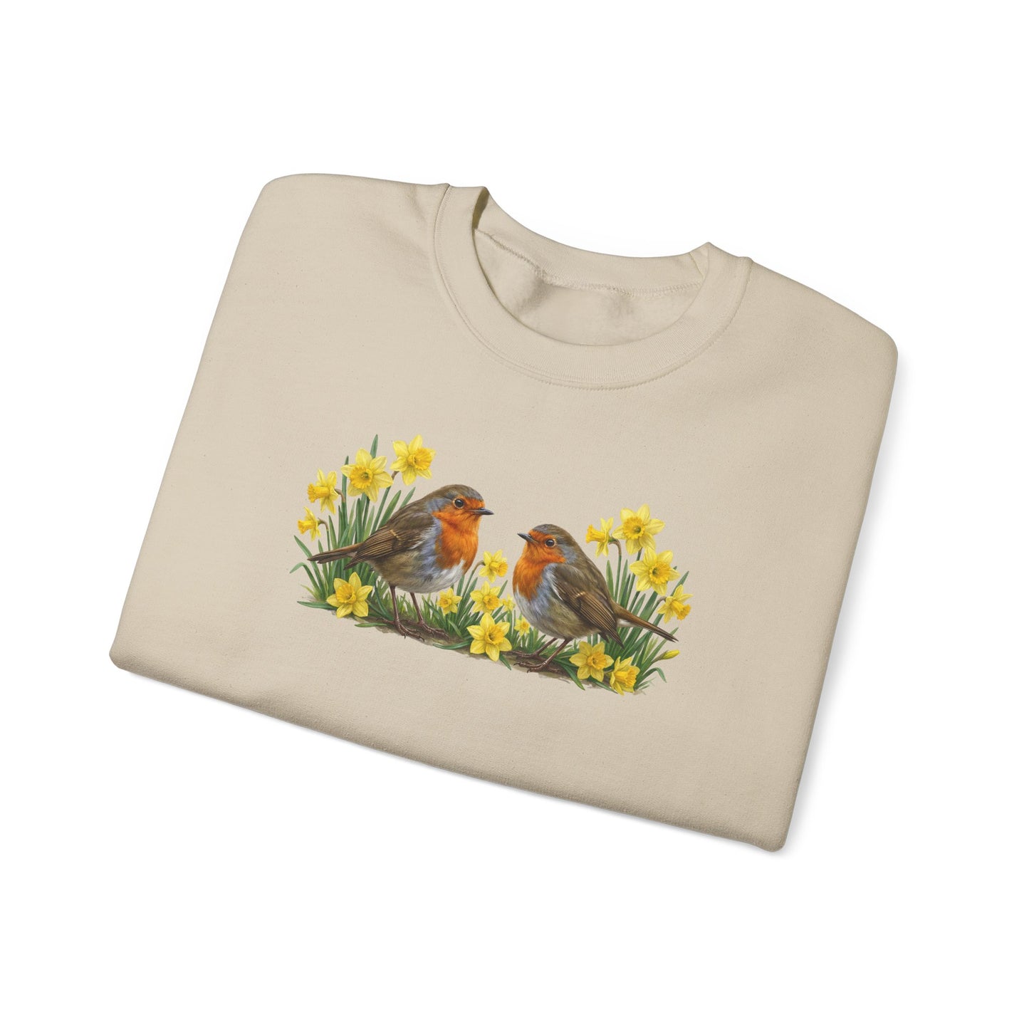Rotkehlchen Oster-Sweatshirt Frühlingswiese – Singvögel in Osterglocken | Unisex Pullover