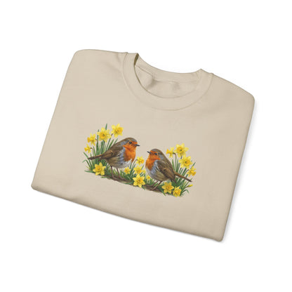 Rotkehlchen Oster-Sweatshirt Frühlingswiese – Singvögel in Osterglocken | Unisex Pullover