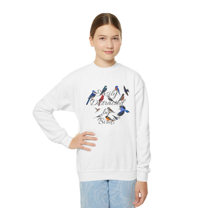 Easily Distracted by Birds Blue Jay Hummingbird Bluebird Cardinal Nuthatch Bird Birdwatching Youth Crewneck Sweatshirt